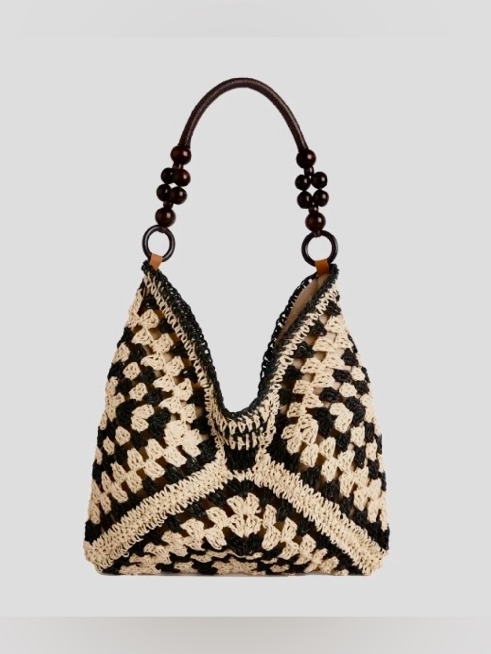 Trendy Hand Crocheted Boho Style Hobo Shoulder Bag in Black and Cream Stripes